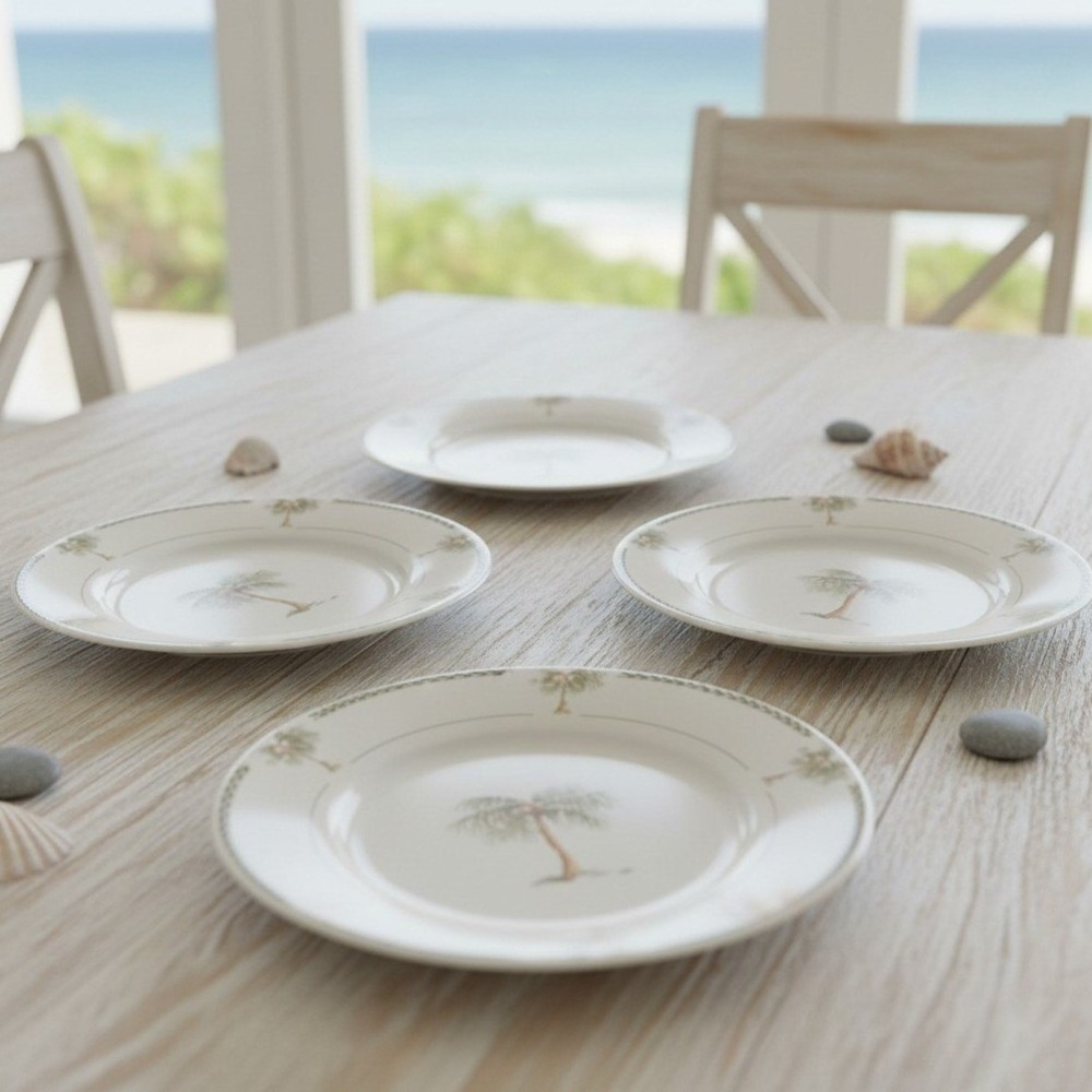 Gibson Bahama Bay Salad Plates, Set of 4, Vintage Palm Tree Ceramic Dinnerware